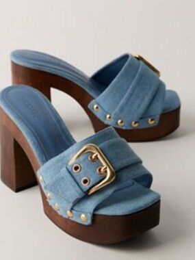 Free People SCHUTZ Light Blue Suede Platform Mules with Gold Buckle